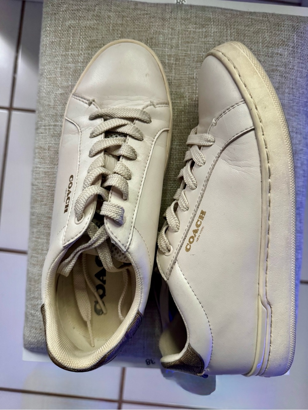 Coach Cream Leather Low-Top Sneakers with Gold Logo